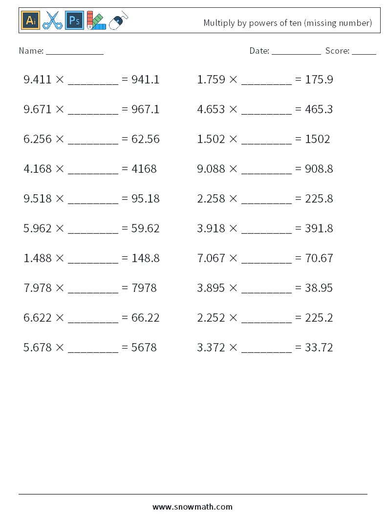 Multiply by powers of ten (missing number) Maths Worksheets 15