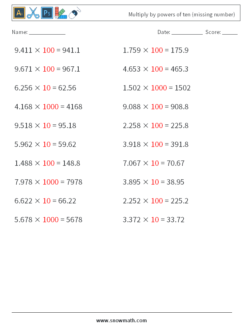 Multiply by powers of ten (missing number) Maths Worksheets 15 Question, Answer