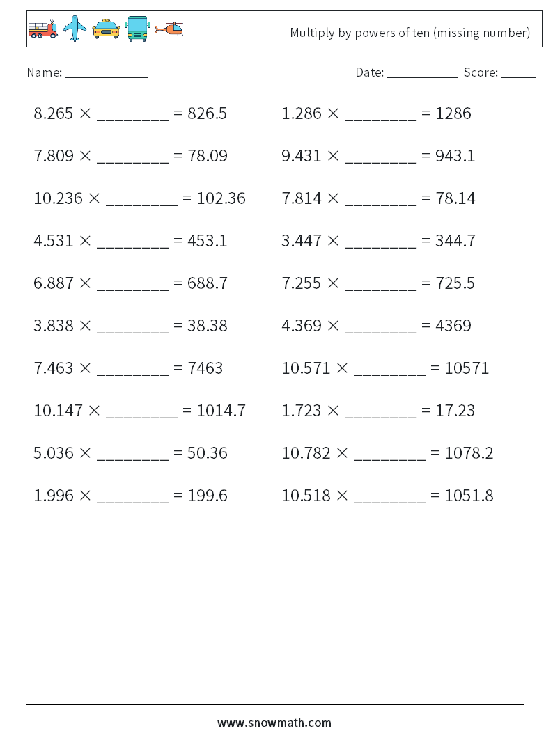 Multiply by powers of ten (missing number) Maths Worksheets 16