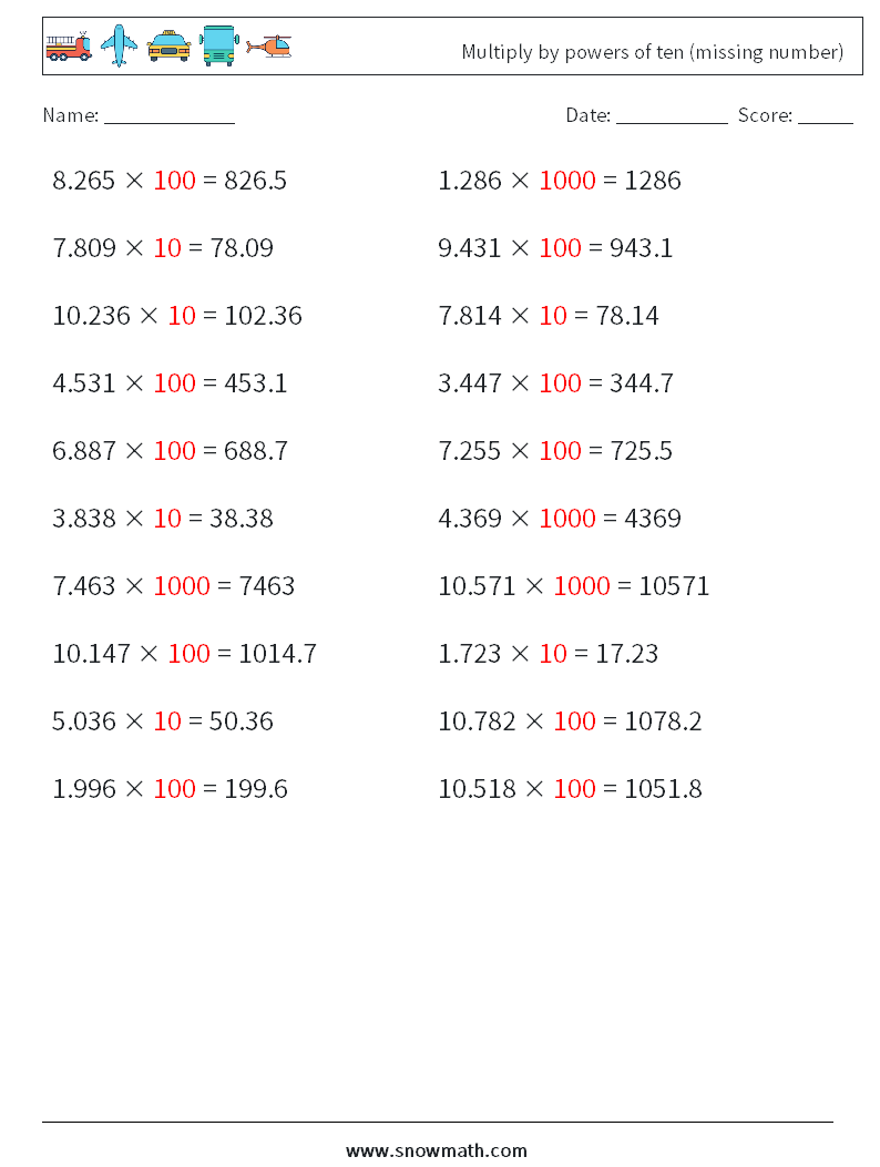 Multiply by powers of ten (missing number) Maths Worksheets 16 Question, Answer