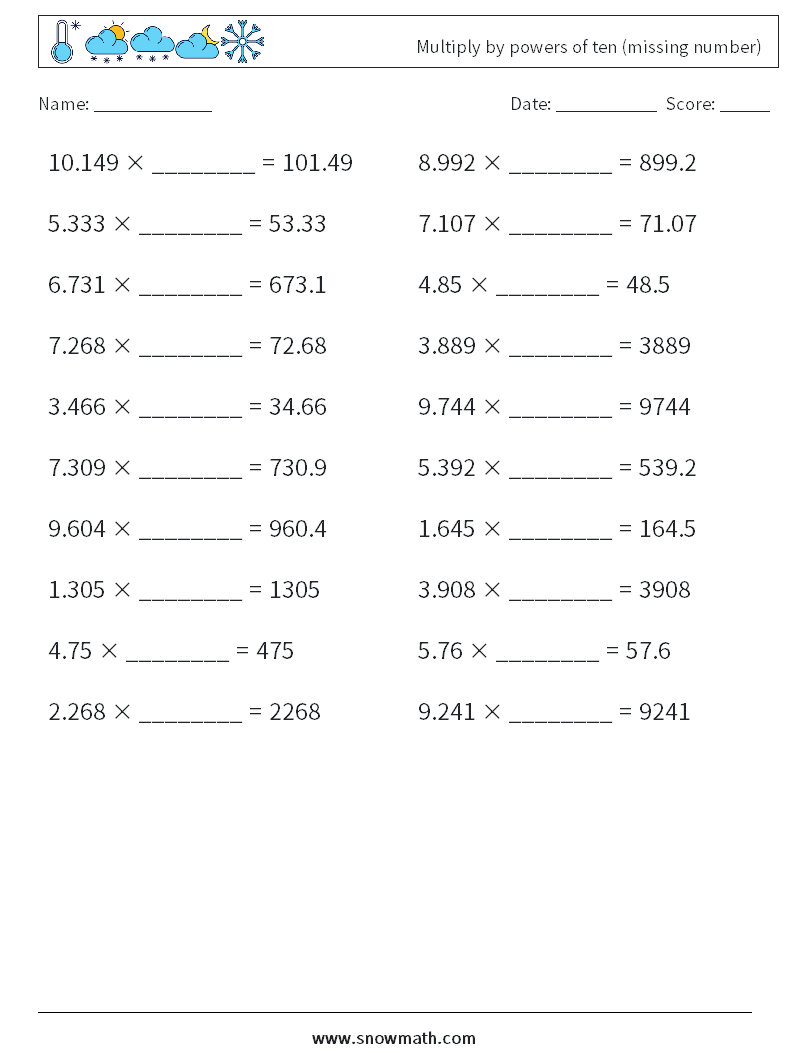 Multiply by powers of ten (missing number) Maths Worksheets 17