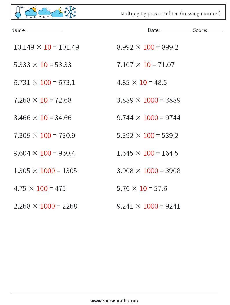 Multiply by powers of ten (missing number) Maths Worksheets 17 Question, Answer