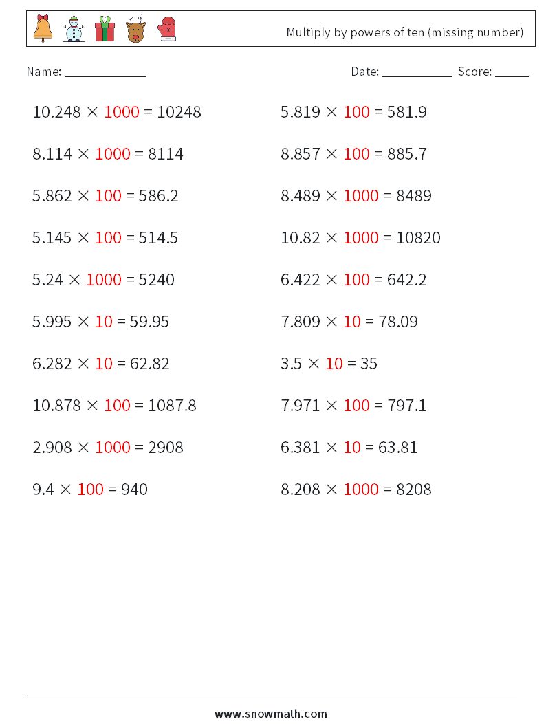 Multiply by powers of ten (missing number) Maths Worksheets 18 Question, Answer