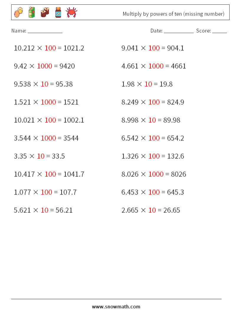 Multiply by powers of ten (missing number) Maths Worksheets 1 Question, Answer