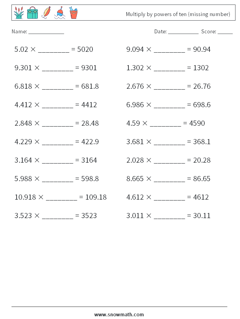 Multiply by powers of ten (missing number) Maths Worksheets 2