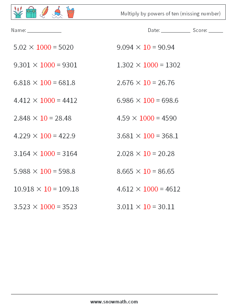 Multiply by powers of ten (missing number) Maths Worksheets 2 Question, Answer