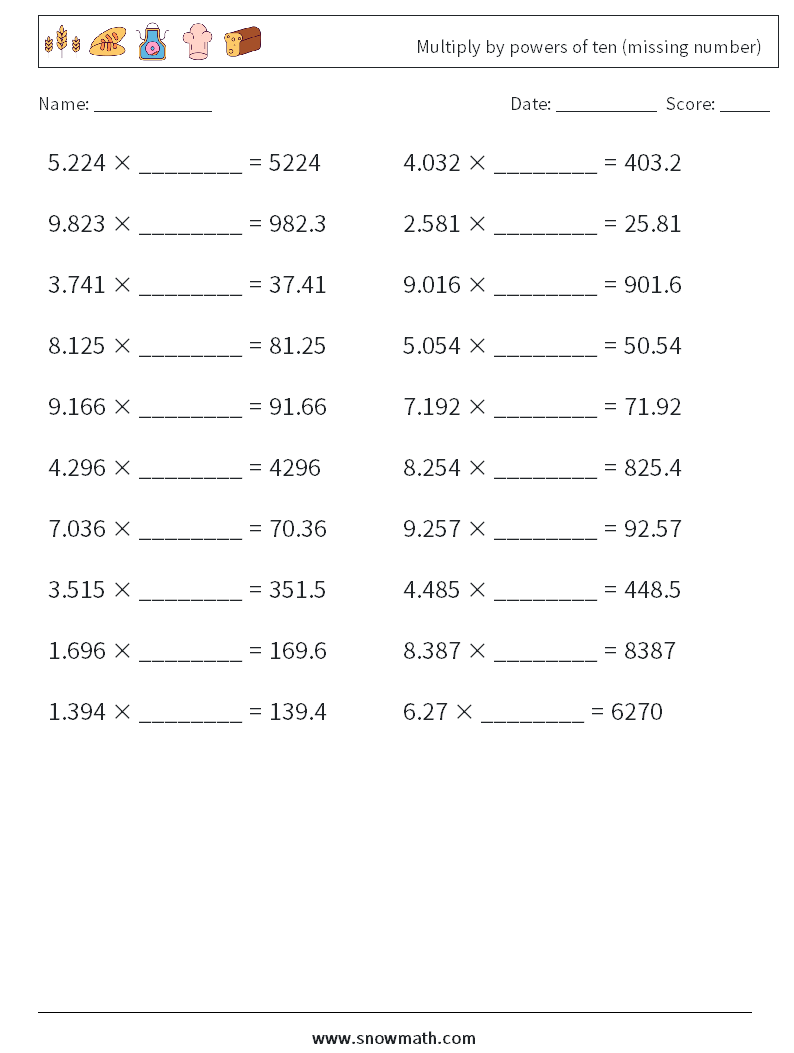 Multiply by powers of ten (missing number) Maths Worksheets 3