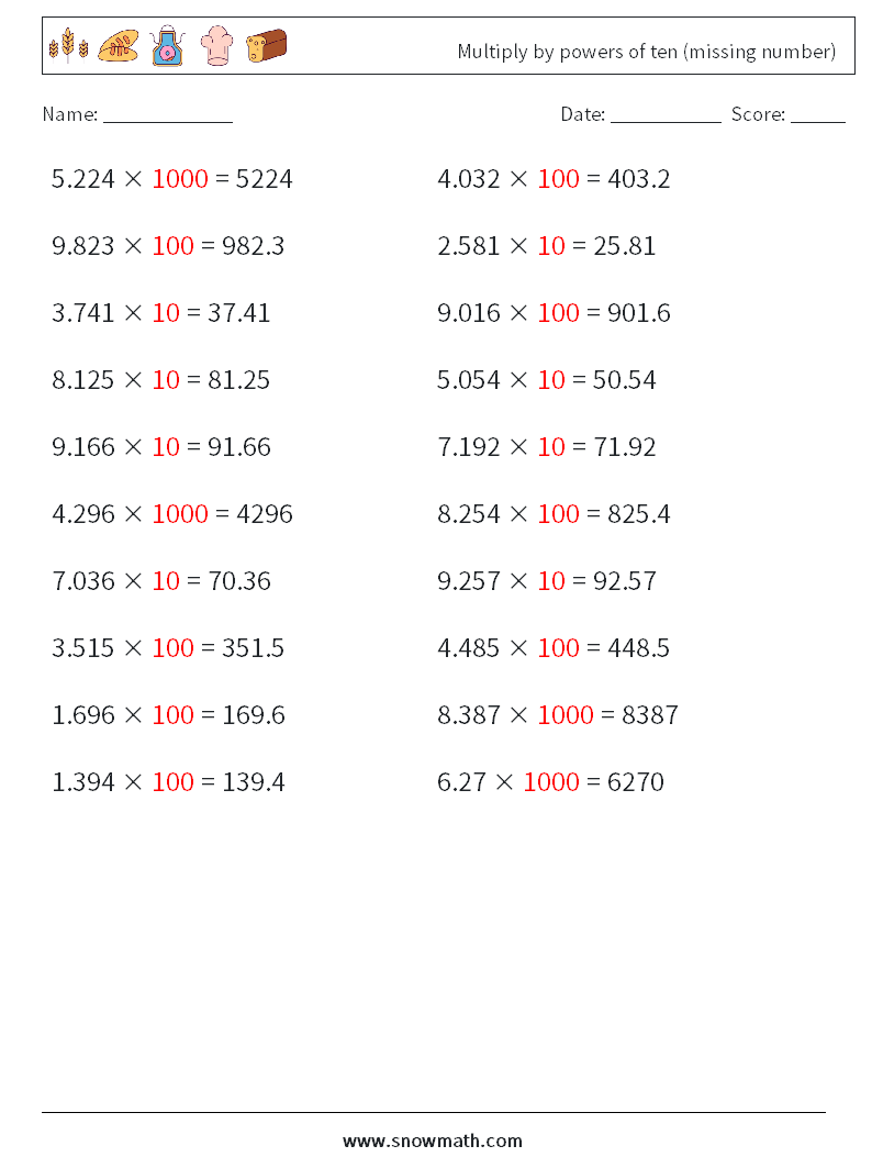 Multiply by powers of ten (missing number) Maths Worksheets 3 Question, Answer