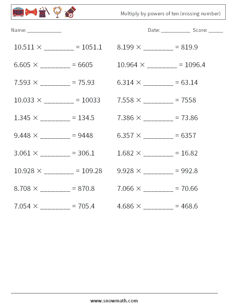 Multiply by powers of ten (missing number) Maths Worksheets 4