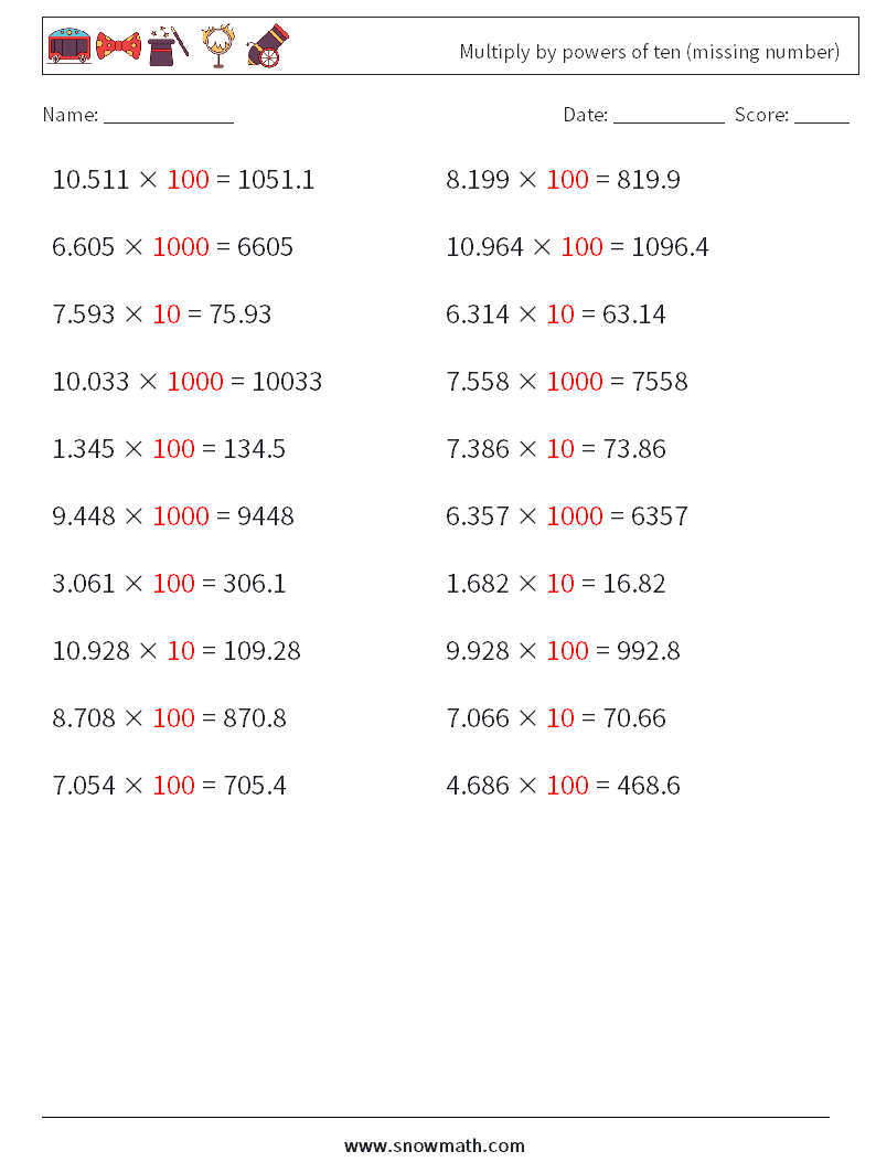 Multiply by powers of ten (missing number) Maths Worksheets 4 Question, Answer