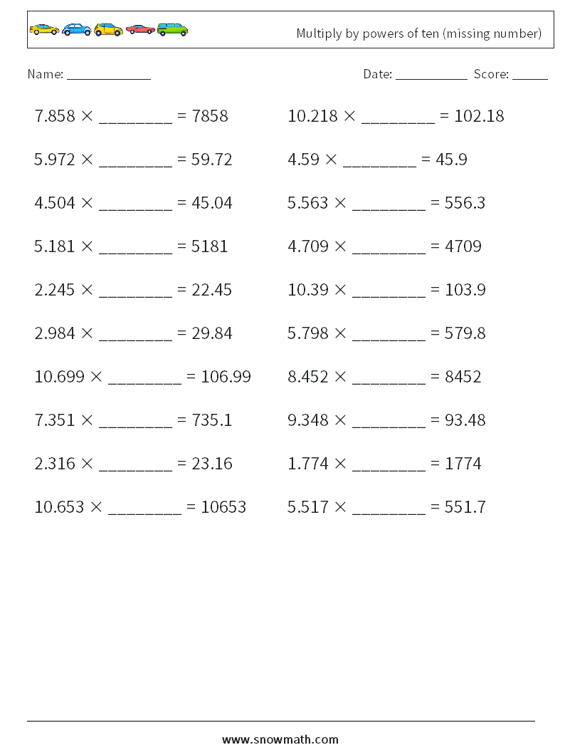 Multiply by powers of ten (missing number) Maths Worksheets 5