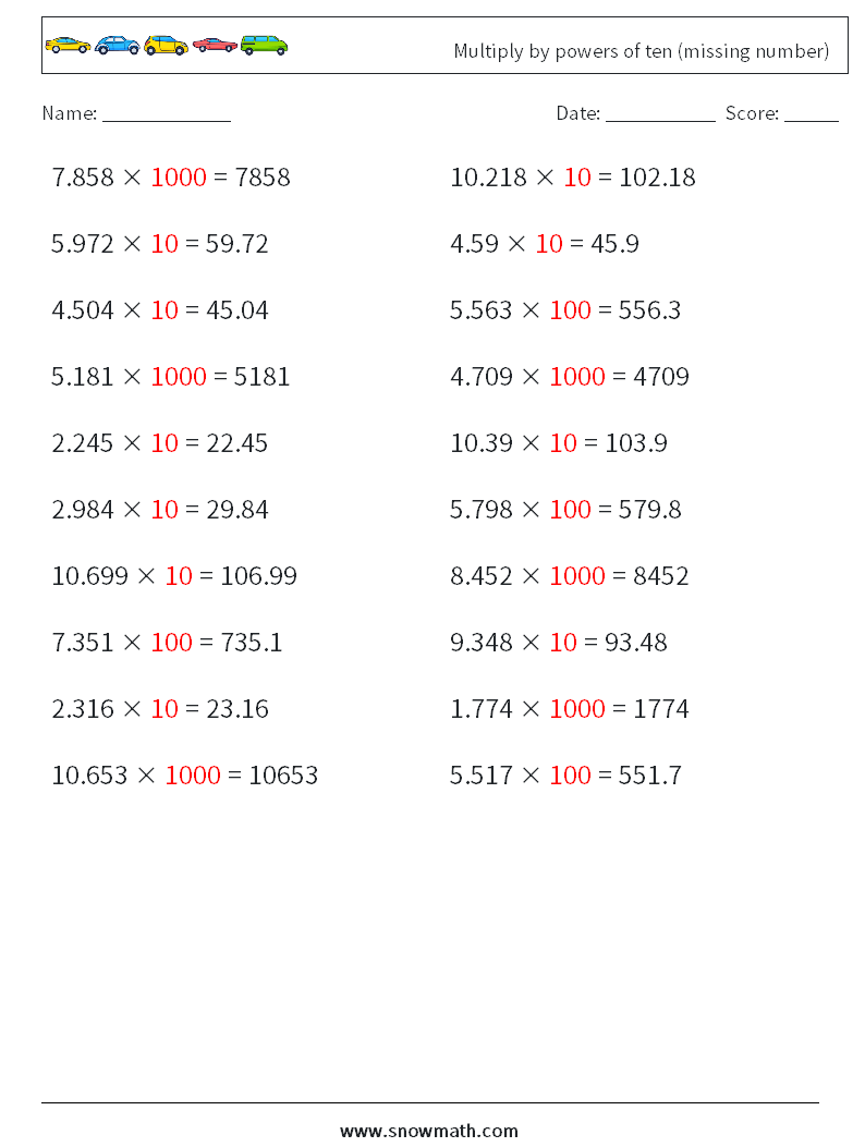 Multiply by powers of ten (missing number) Maths Worksheets 5 Question, Answer