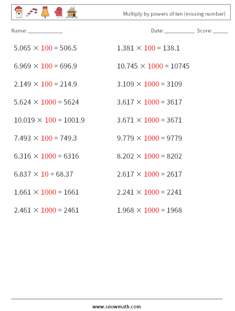 Multiply by powers of ten (missing number) Maths Worksheets 6 Question, Answer