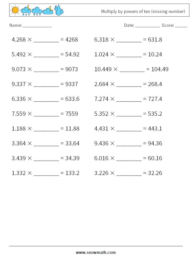 Multiply by powers of ten (missing number) Maths Worksheets 7