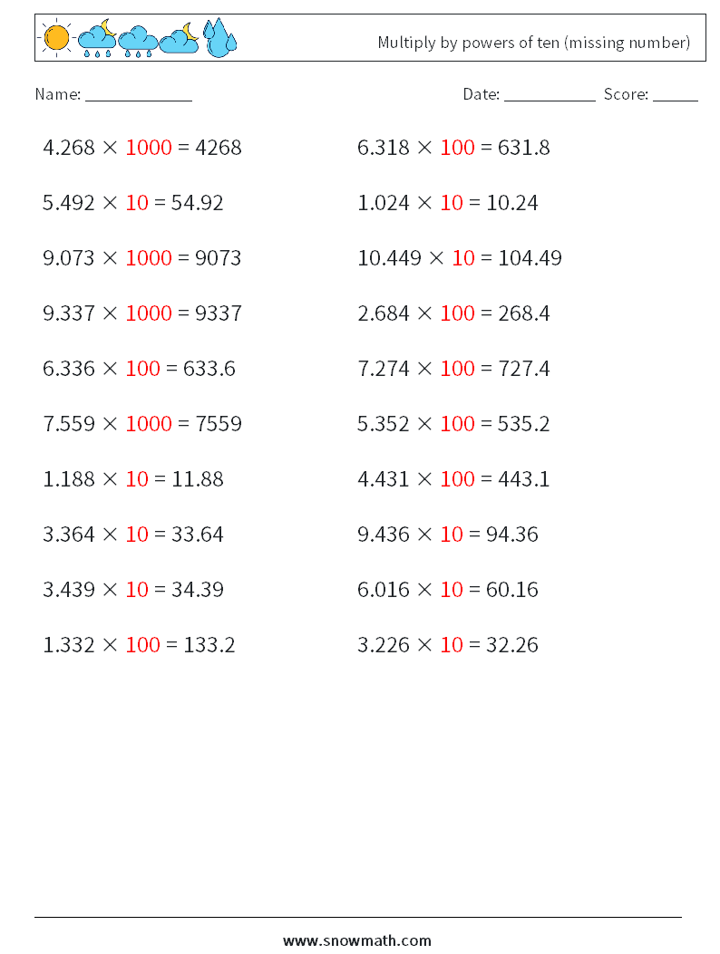 Multiply by powers of ten (missing number) Maths Worksheets 7 Question, Answer