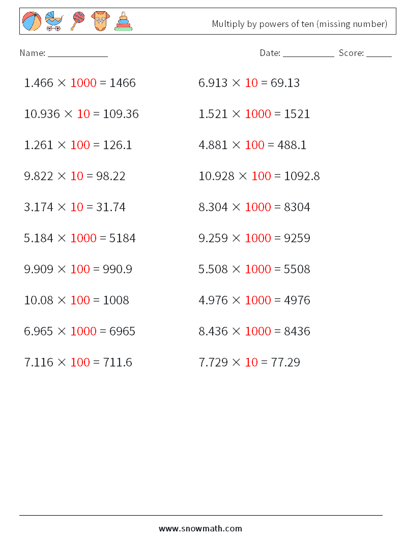 Multiply by powers of ten (missing number) Maths Worksheets 8 Question, Answer