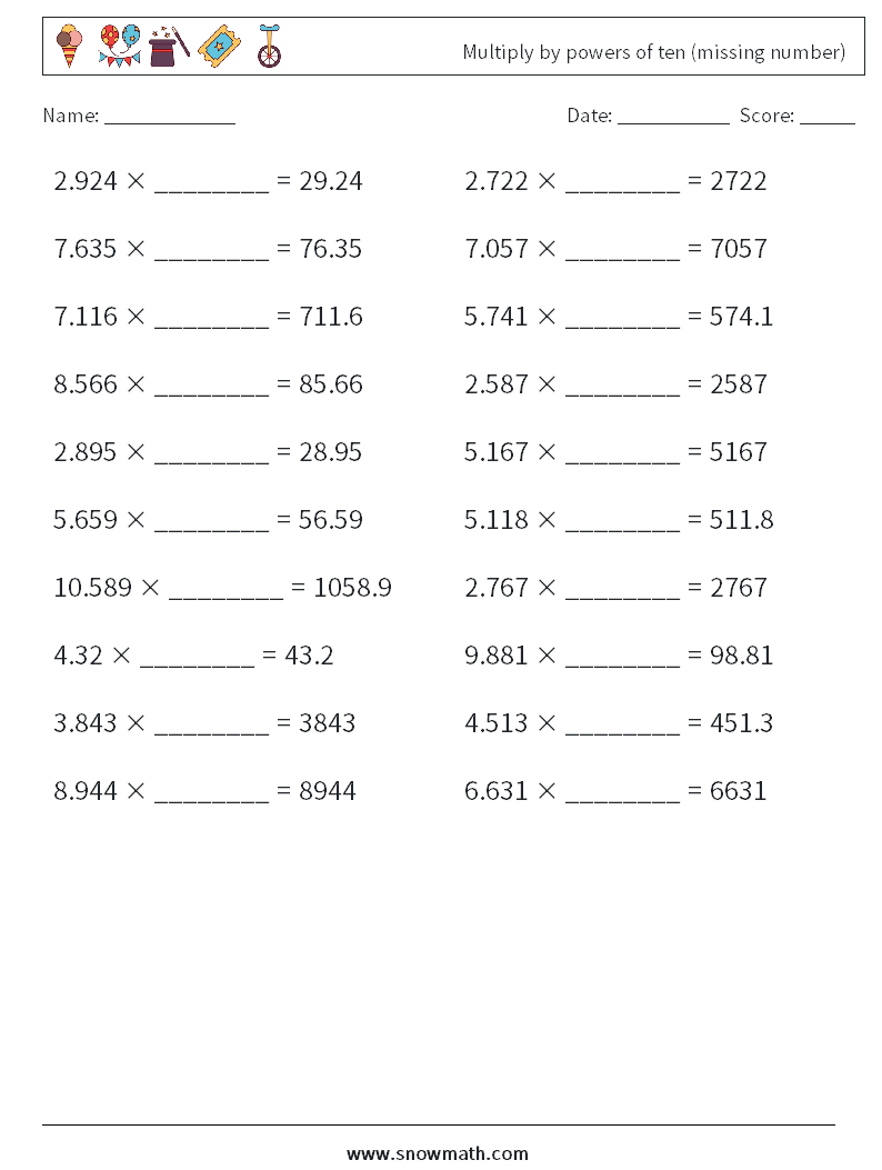 Multiply by powers of ten (missing number) Maths Worksheets 9