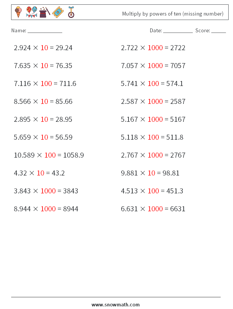 Multiply by powers of ten (missing number) Maths Worksheets 9 Question, Answer