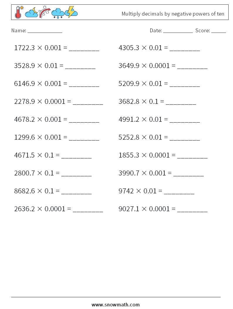 Multiply decimals by negative powers of ten Maths Worksheets 10