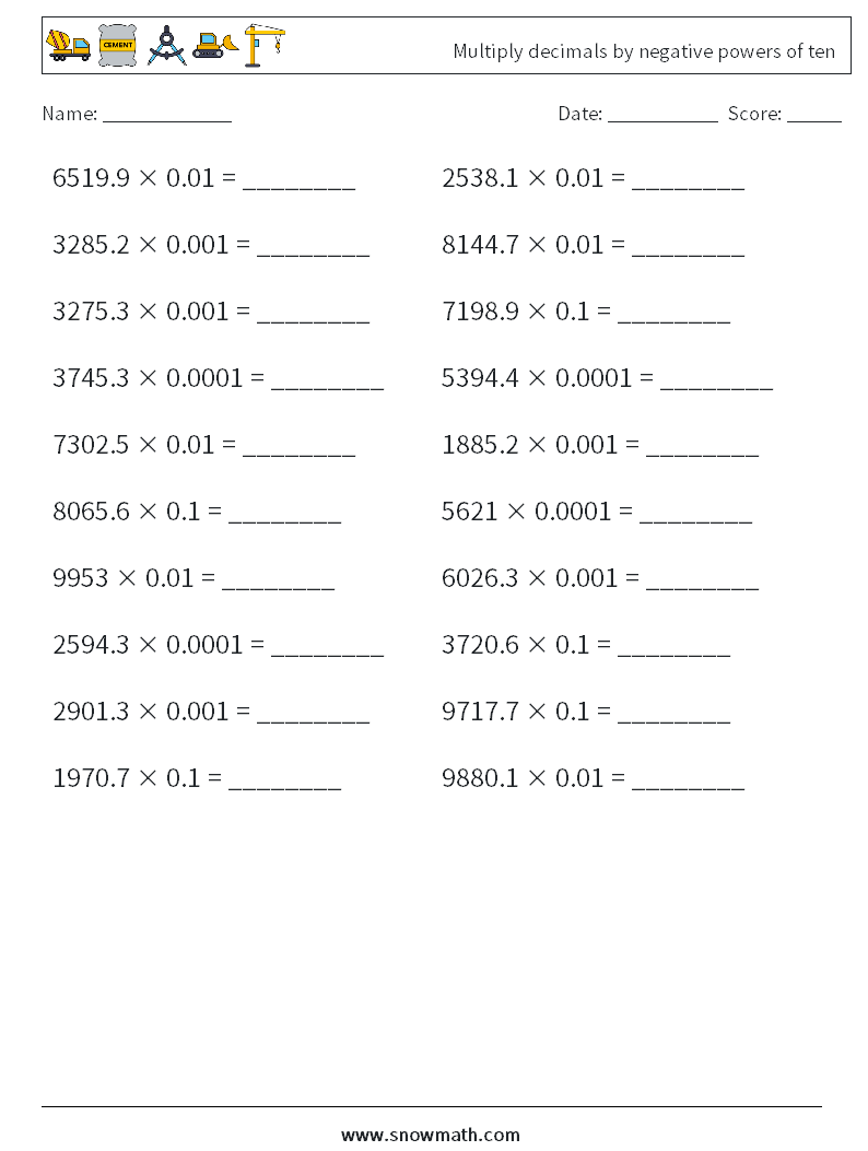Multiply decimals by negative powers of ten Maths Worksheets 12