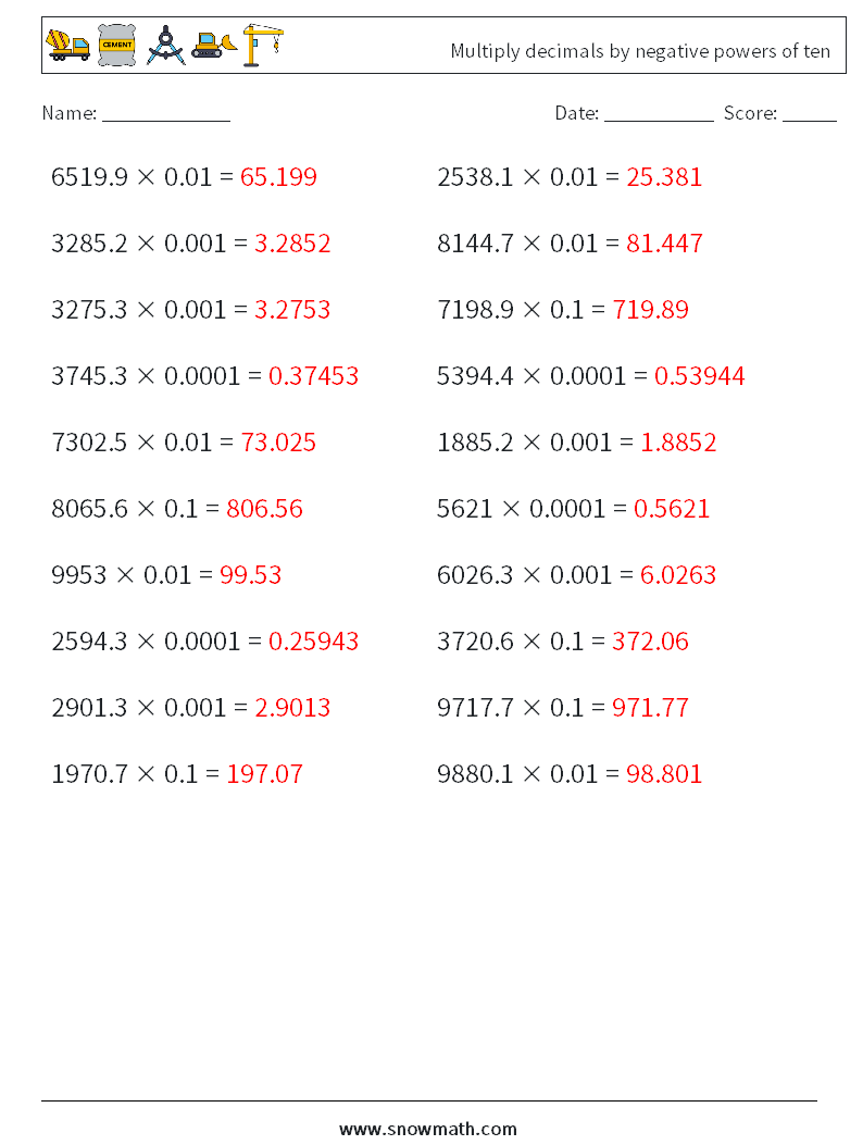 Multiply decimals by negative powers of ten Maths Worksheets 12 Question, Answer