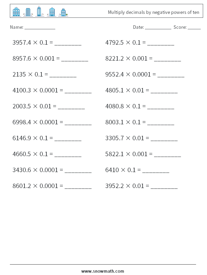 Multiply decimals by negative powers of ten Maths Worksheets 13