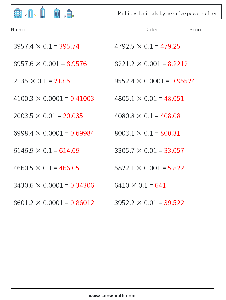 Multiply decimals by negative powers of ten Maths Worksheets 13 Question, Answer
