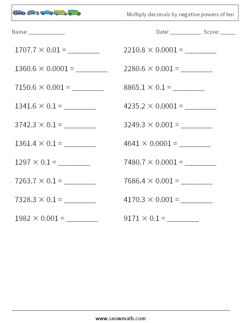 Multiply decimals by negative powers of ten Maths Worksheets 14