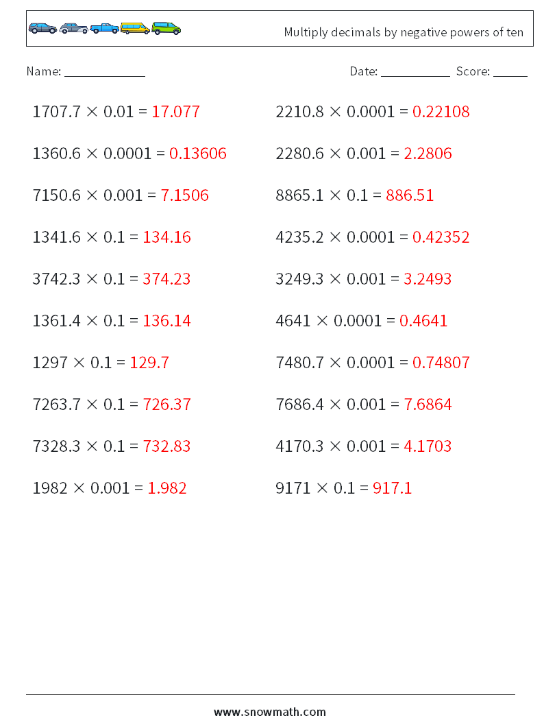 Multiply decimals by negative powers of ten Maths Worksheets 14 Question, Answer