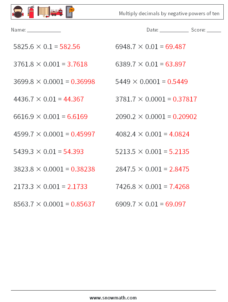 Multiply decimals by negative powers of ten Maths Worksheets 15 Question, Answer