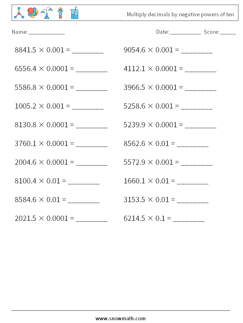 Multiply decimals by negative powers of ten Maths Worksheets 16