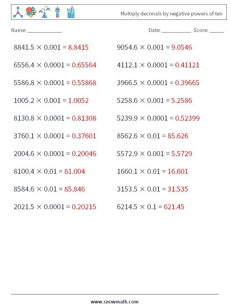 Multiply decimals by negative powers of ten Maths Worksheets 16 Question, Answer