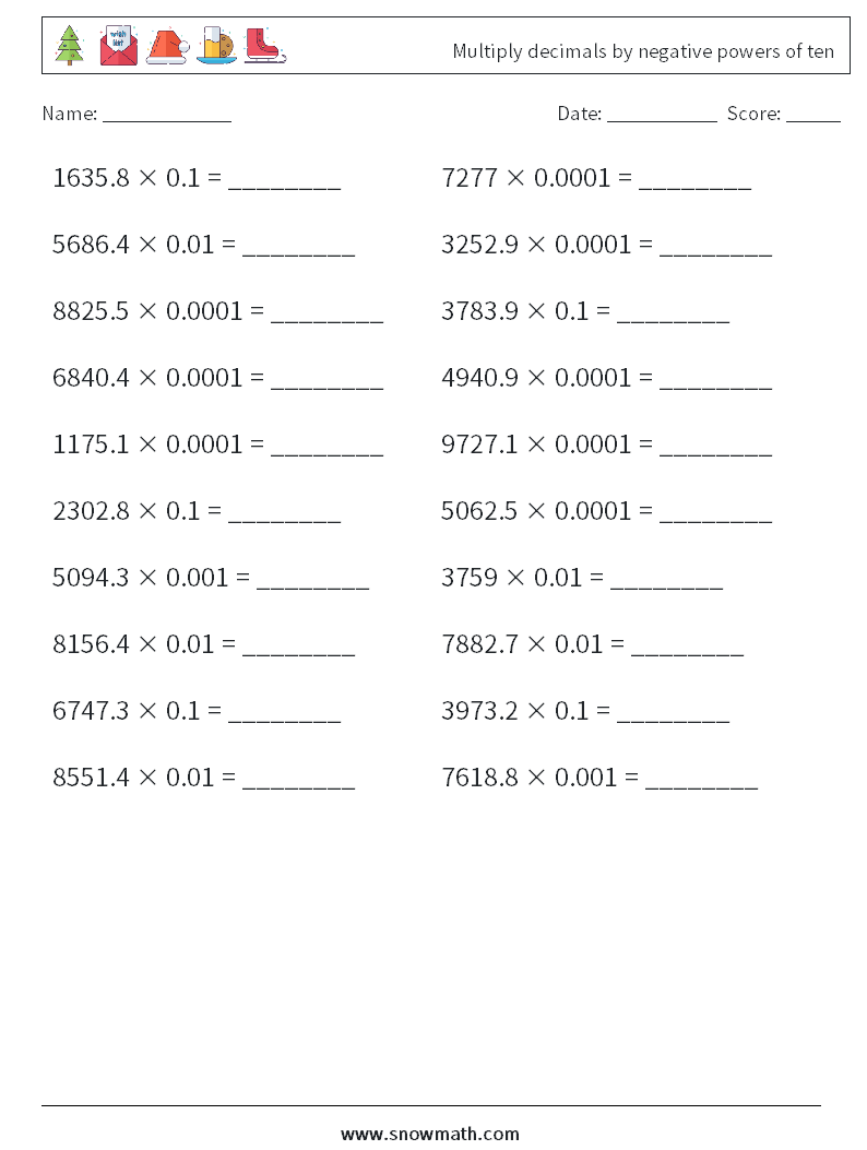 Multiply decimals by negative powers of ten Maths Worksheets 17
