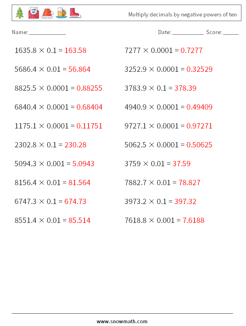 Multiply decimals by negative powers of ten Maths Worksheets 17 Question, Answer