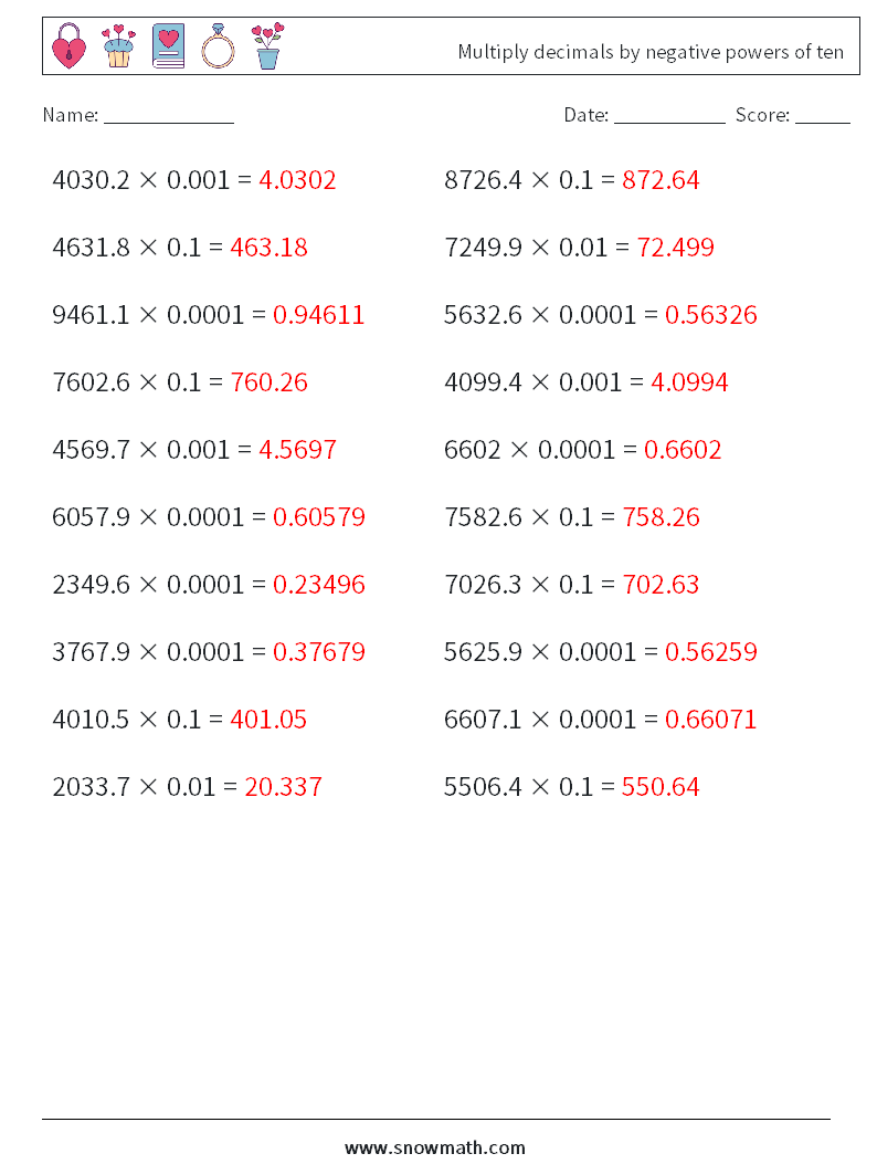 Multiply decimals by negative powers of ten Maths Worksheets 18 Question, Answer