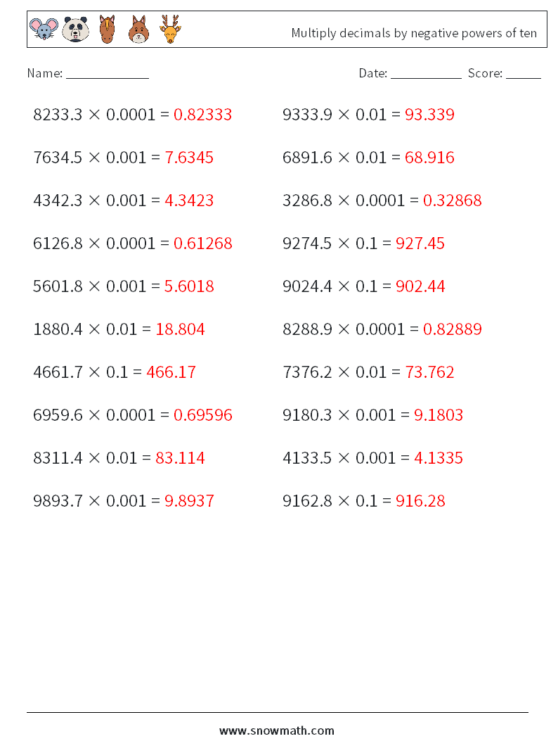 Multiply decimals by negative powers of ten Maths Worksheets 1 Question, Answer