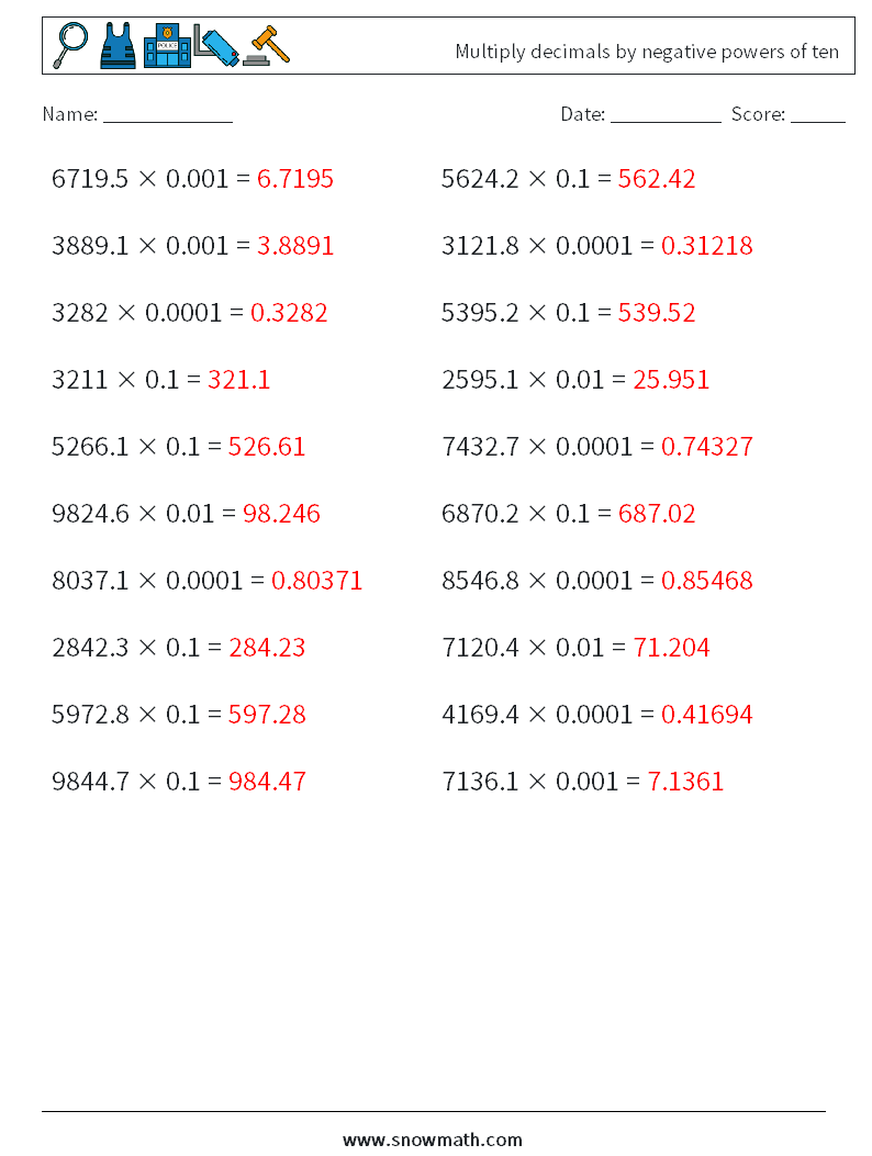 Multiply decimals by negative powers of ten Maths Worksheets 2 Question, Answer