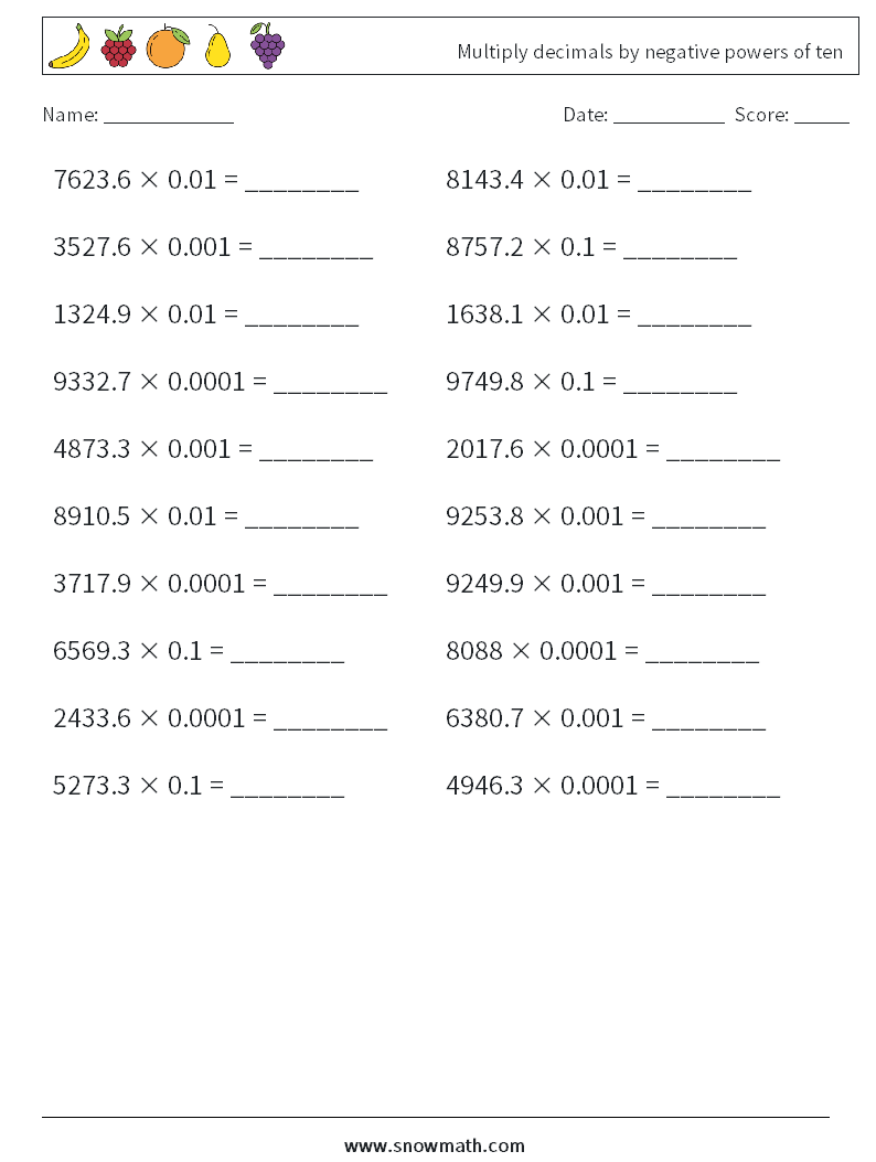 Multiply decimals by negative powers of ten Maths Worksheets 4