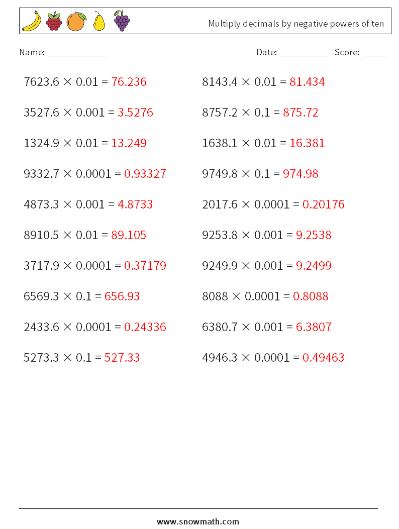 Multiply decimals by negative powers of ten Maths Worksheets 4 Question, Answer