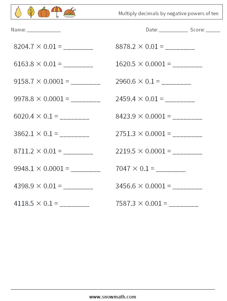 Multiply decimals by negative powers of ten Maths Worksheets 5