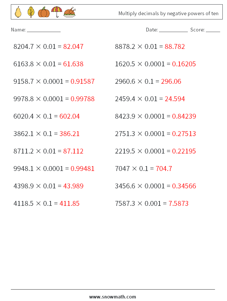 Multiply decimals by negative powers of ten Maths Worksheets 5 Question, Answer