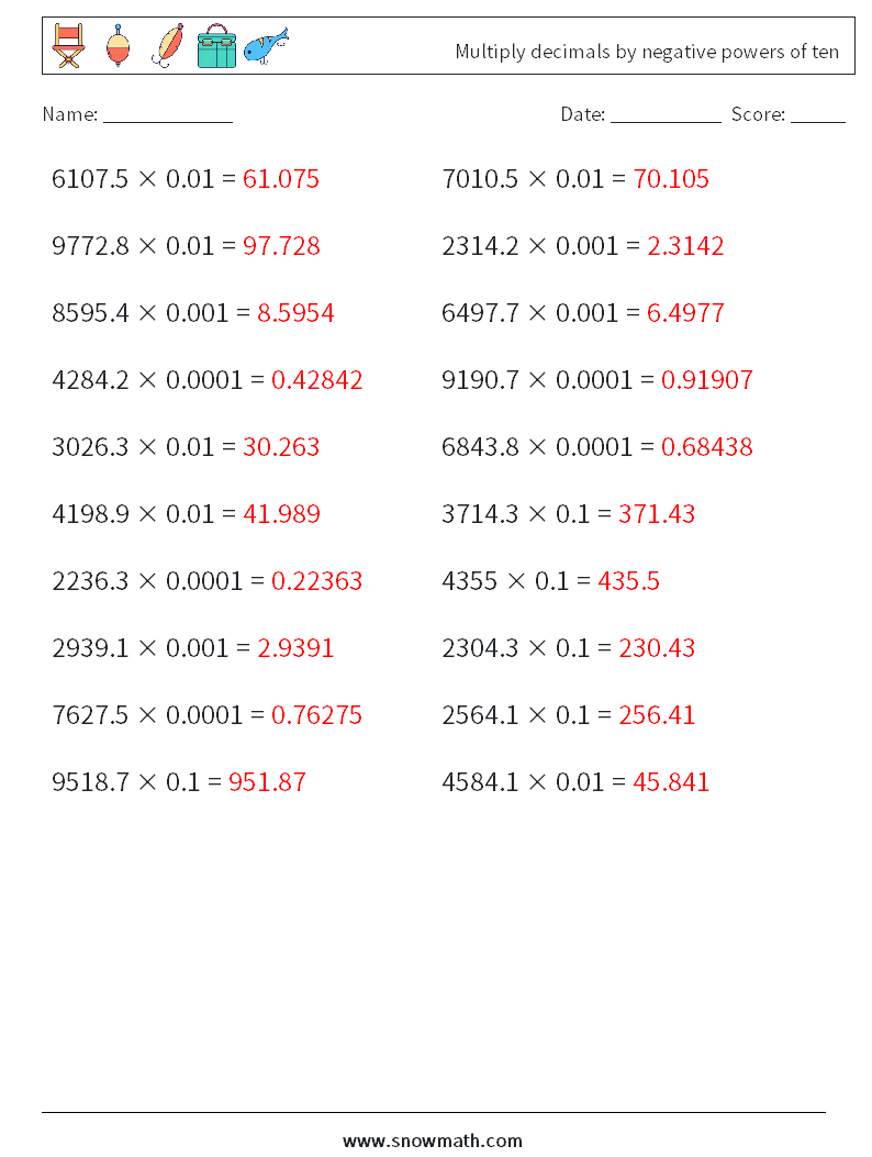 Multiply decimals by negative powers of ten Maths Worksheets 6 Question, Answer