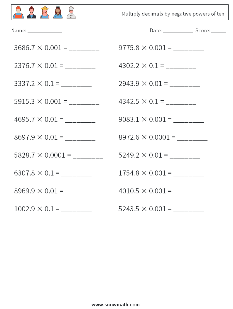 Multiply decimals by negative powers of ten Maths Worksheets 7