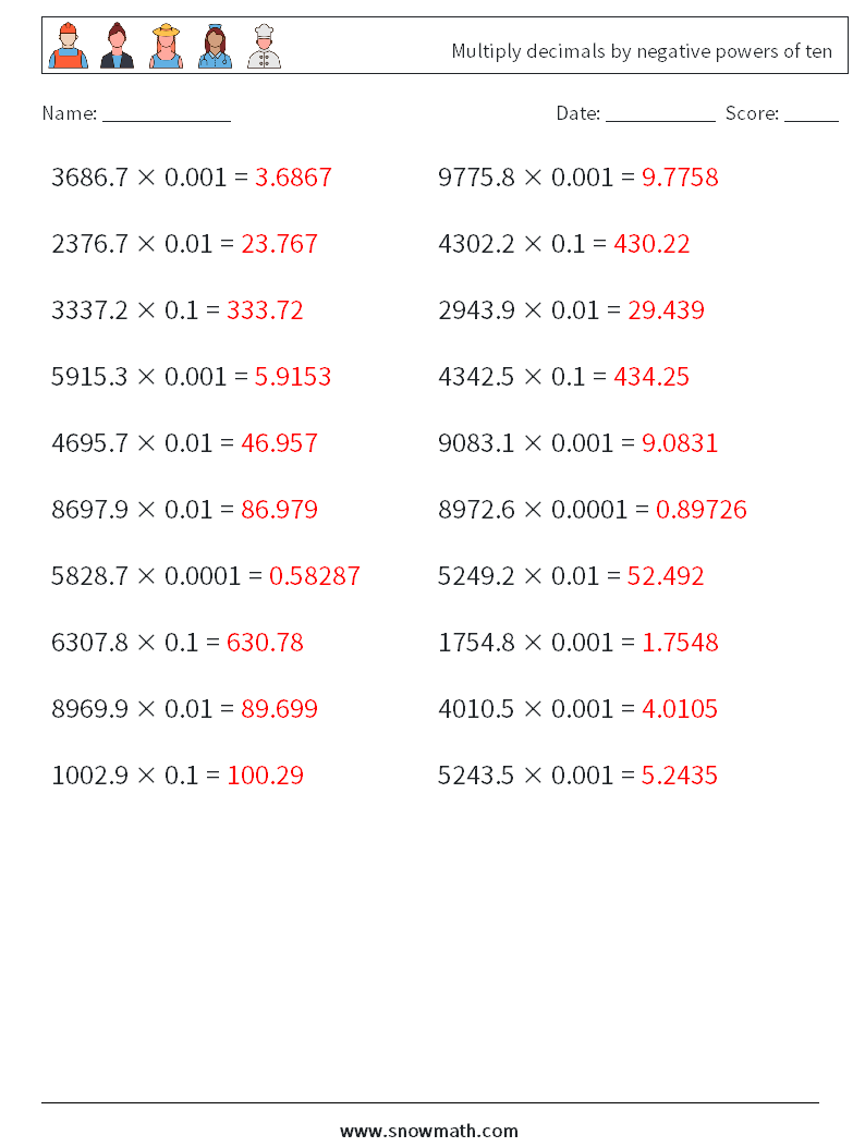 Multiply decimals by negative powers of ten Maths Worksheets 7 Question, Answer