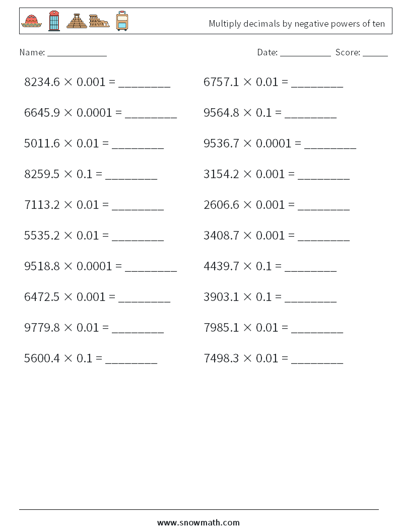 Multiply decimals by negative powers of ten Maths Worksheets 8
