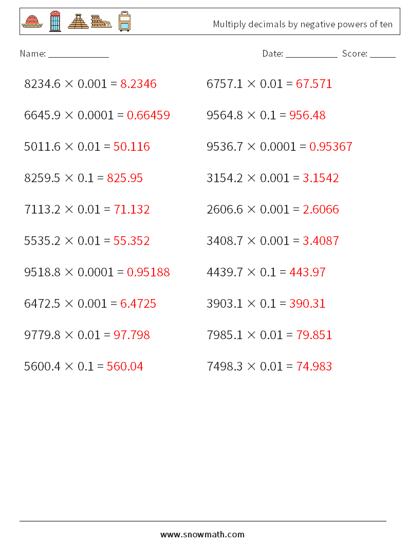 Multiply decimals by negative powers of ten Maths Worksheets 8 Question, Answer