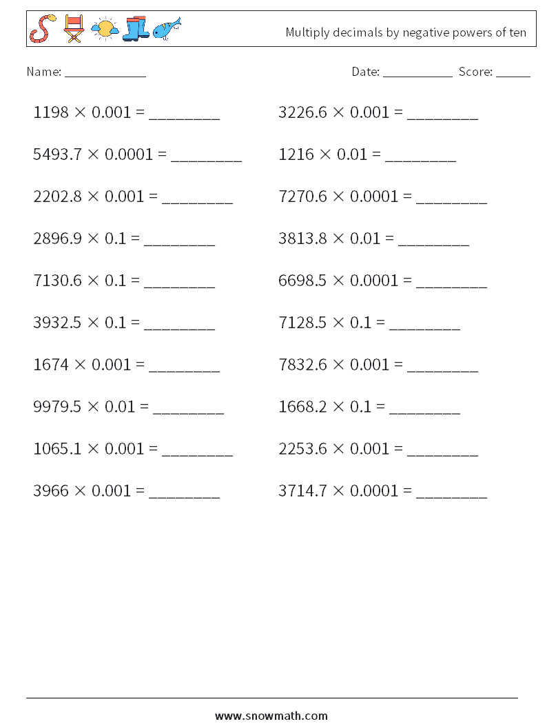 Multiply decimals by negative powers of ten Maths Worksheets 9