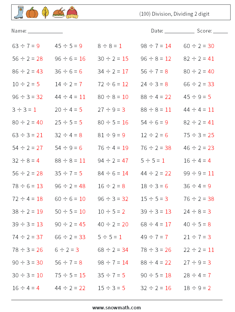(100) Division, Dividing 2 digit Maths Worksheets 2 Question, Answer
