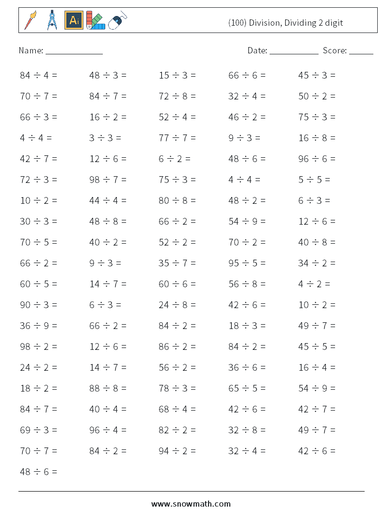 (100) Division, Dividing 2 digit Maths Worksheets 4