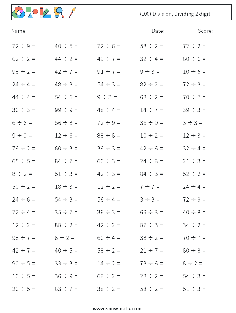 (100) Division, Dividing 2 digit Maths Worksheets 8